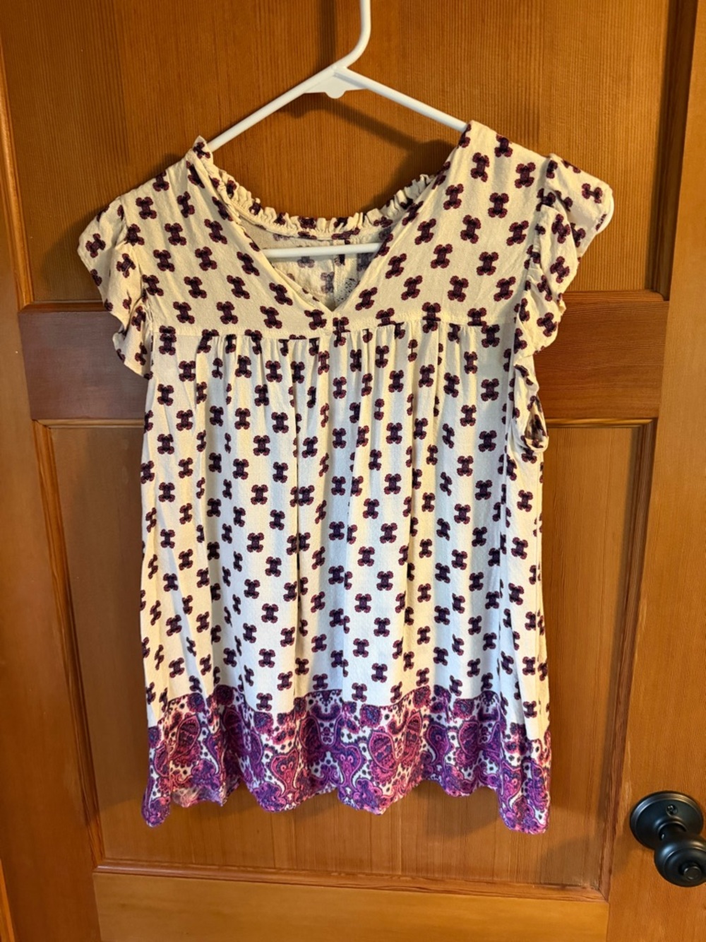 Rose & Olive Cream Top with Purple Floral Print